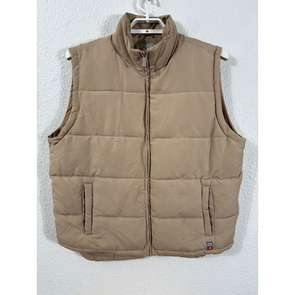 Swiss Cross Puffer Vest Mens XL Tan Quilted Sleeveless Jacket